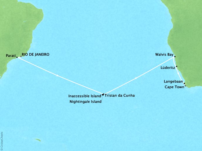 SEABOURNE LUXURY CRUISES Cruises Seabourn Sojourn Map Detail Rio De Janeiro, Brazil to Cape Town, South Africa January 23 February 11 2025 - 20 Days