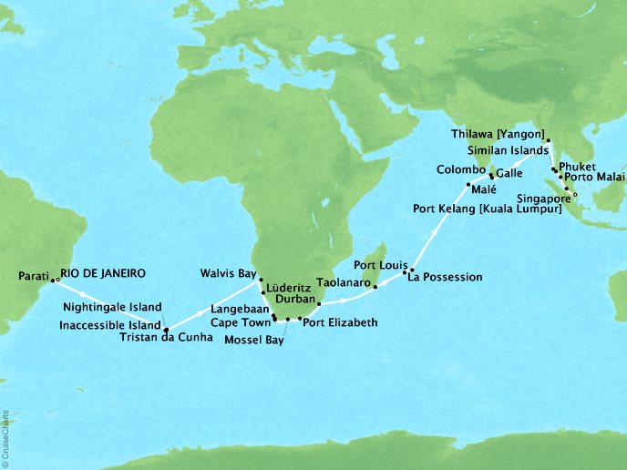 Seabourn Cruises Sojourn Map Detail Rio De Janeiro, Brazil to Singapore, Singapore January 23 March 19 2018 - 56 Days