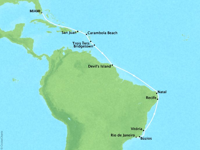 SEABOURNE LUXURY CRUISES Cruises Seabourn Sojourn Map Detail Miami, FL, United States to Rio De Janeiro, Brazil January 4-23 2025 - 19 Days