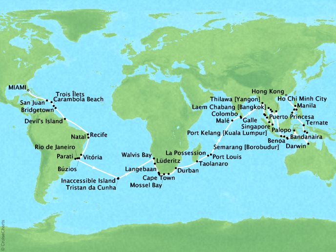 Just Seabourn World Cruises Sojourn Map Detai lMiami, FL, United States to Hong Kong, China January 4 April 24 2024 - 111 Days