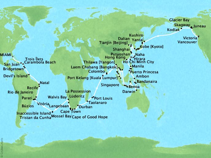 SEABOURNE LUXURY CRUISES Cruises Seabourn Sojourn Map Detail Miami, FL, United States to Vancouver, Canada January 4 June 4 2018 - 152 Days