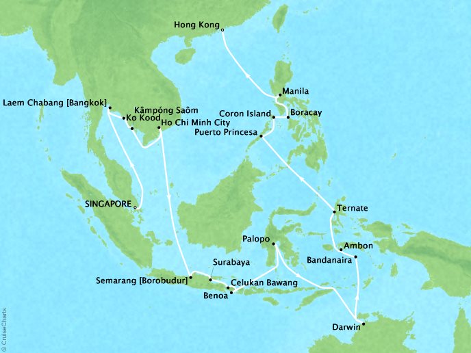 SEABOURNE LUXURY CRUISES Cruises Seabourn Sojourn Map Detail Singapore, Singapore to Hong Kong, China March 19 April 24 2025 - 37 Days