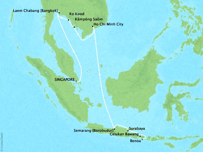 SEABOURNE LUXURY CRUISES Cruises Seabourn Sojourn Map Detail Singapore, Singapore to Benoa (Bali), Indonesia March 19 April 4 2025 - 17 Days