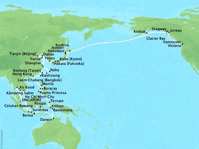 SEABOURNE LUXURY CRUISES Cruises Seabourn Sojourn Map Detail Singapore, Singapore to Vancouver, Canada March 19 June 4 2018 - 78 Days