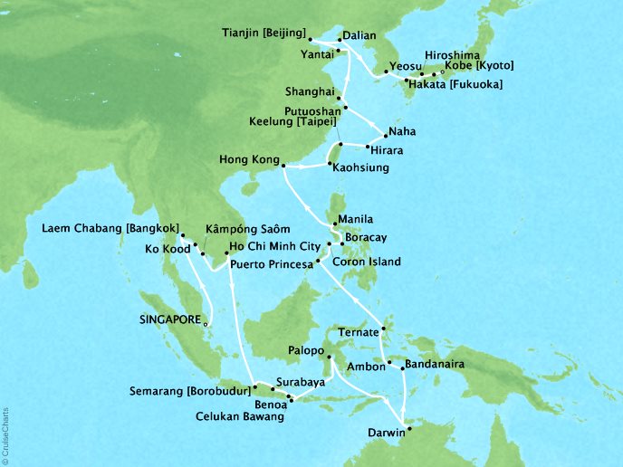 Seabourn Cruises Sojourn Map Detail Singapore, Singapore to Kobe, Japan March 19 May 15 2018 - 58 Days