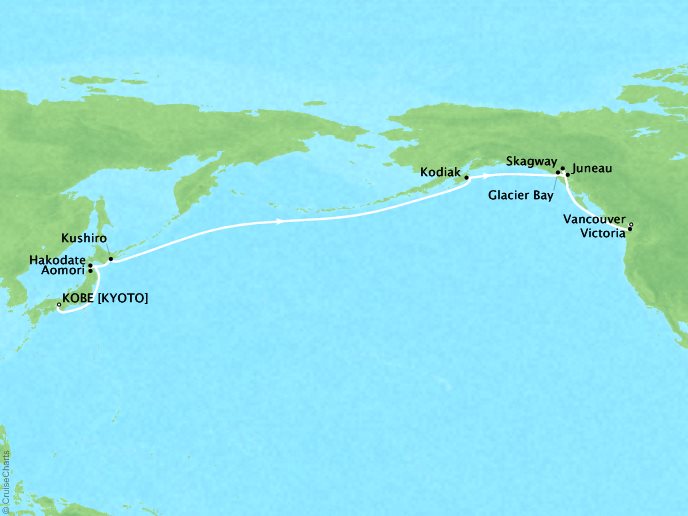 Just Seabourn World Cruises Sojourn Map Detail Kobe, Japan to Vancouver, Canada May 15 June 4 2024 - 21 Days