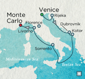 LUXURY CRUISES - Penthouse, Veranda, Balconies, Windows and Suites Crystal Cruises Serenity 2027 Classico Italiano Map