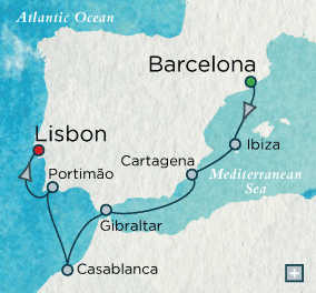 LUXURY CRUISES - Penthouse, Veranda, Balconies, Windows and Suites Crystal Cruises Serenity 2027 Iberian Idyll Map