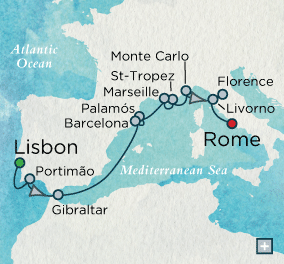 LUXURY CRUISES - Penthouse, Veranda, Balconies, Windows and Suites Crystal Cruises Serenity 2027 Artists &amp; Explorers Map