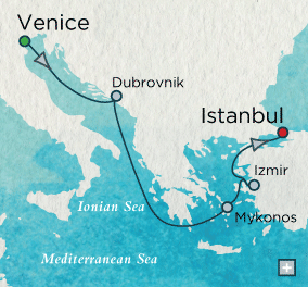 Cruises Around The World Crystal Serenity Grand Canal to Grand Bazaar Map Venice, Italy to Istanbul, Turkey - 7 Days