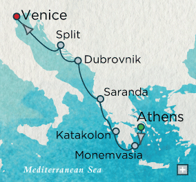LUXURY CRUISES - Penthouse, Veranda, Balconies, Windows and Suites Crystal Cruises Serenity 2027 Into the Adriatic Map