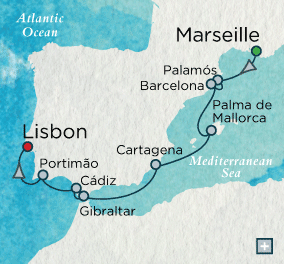 LUXURY CRUISES - Penthouse, Veranda, Balconies, Windows and Suites Crystal Cruises Serenity 2027 Iberian Jewels Map
