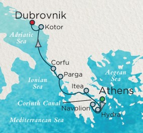 Crystal Esprit Cruise Map Detail Athens (Piraeus), Greece to Dubrovnik, Croatia April 10-17 2016 - 7 Days