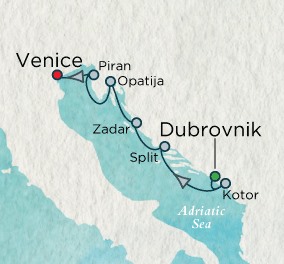 LUXURY CRUISES - Penthouse, Veranda, Balconies, Windows and Suites Crystal Esprit Cruise Map Detail Dubrovnik, Croatia to Venice, Italy April 17-24 2022 - 7 Days