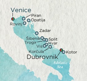 LUXURY CRUISES - Penthouse, Veranda, Balconies, Windows and Suites Crystal Esprit Cruise Map Detail Dubrovnik, Croatia to Dubrovnik, Croatia April 17 May 1 2022 - 14 Days