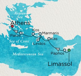 LUXURY CRUISES - Penthouse, Veranda, Balconies, Windows and Suites Crystal Esprit Cruise Map Detail Limassol, Cyprus to Athens (Piraeus), Greece April 3-10 2022 - 7 Days