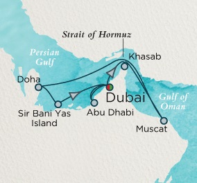 Cruises Around The World Crystal Endeavor Cruise Map Detail Dubai, United Arab Emirates to Dubai, United Arab Emirates December 23 2025 January 3 2026- 11 Days