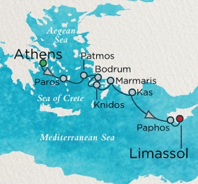 LUXURY CRUISES - Penthouse, Veranda, Balconies, Windows and Suites Crystal Esprit Cruise Map Detail Athens (Piraeus), Greece to Limassol, Cyprus November 6-13 2022 - 7 Days