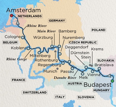 Crystal River Mahler Cruise Map Detail  Budapest, Hungary to Amsterdam, Netherlands July 15-31 2018 - 16 Days