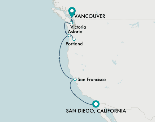itinerary map of cruise San Diego to Vancouver