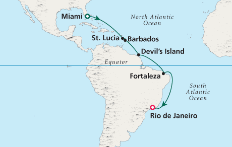 Cruises Around the World Map Miami to Rio de Janeiro - 15 Days