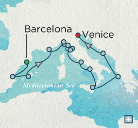 Cruises Around The World Barcelona to Venice Explorer Combination Map Barcelona, Spain to Venice, Italy - 16 Days