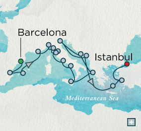 LUXURY CRUISES - Penthouse, Veranda, Balconies, Windows and Suites Barcelona to Istanbul Explorer Combination Map Barcelona, Spain to Istanbul, Turkey - 23 Days