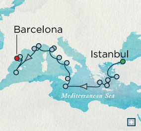 LUXURY CRUISES - Penthouse, Veranda, Balconies, Windows and Suites Istanbul to Barcelona Explorer Combination Map Istanbul, Turkey to Barcelona, Spain - 21 Days