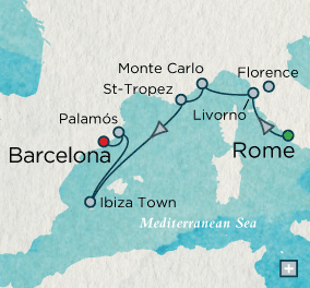 LUXURY CRUISES - Penthouse, Veranda, Balconies, Windows and Suites Riviera Amore Map Rome (Civitavecchia), Italy to Barcelona, Spain - 9 Days Crystal Serenity