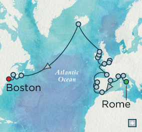 Cruises Around The World Rome to Boston Explorer Combination Map Rome (Civitavecchia), Italy to Boston, MA - 26 Days Serenity Crystal