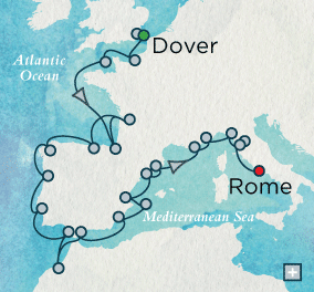 London to Rome Explorer Combination Map Crystal Serenity London (Dover), England to Rome (Civitavecchia), Italy - 23 Days