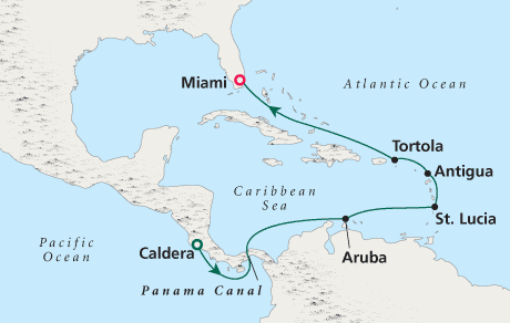 LUXURY CRUISES - Penthouse, Veranda, Balconies, Windows and Suites Cruise Map Costa Rica to Miami - Voyage 0203
