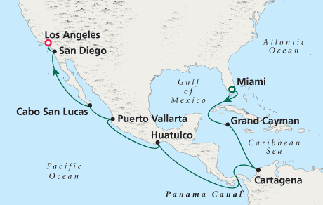 Cruises Around the World Map Miami to Los Angeles - Voyage 0204