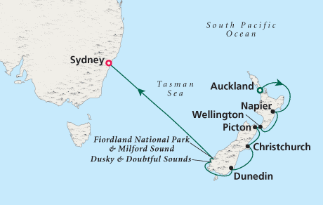 LUXURY CRUISES - Penthouse, Veranda, Balconies, Windows and Suites Cruise Map Auckland to Sydney - Voyage 0207