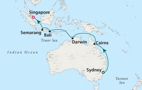 Luxury Cruise SINGLE/SOLO Map Sydney to Singapore - Voyage 0208
