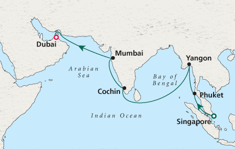 Luxury Cruise SINGLE/SOLO Map Singapore to Dubai - Voyage 0209