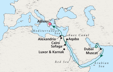 Cruise Map Dubai to Athens - Voyage 0210