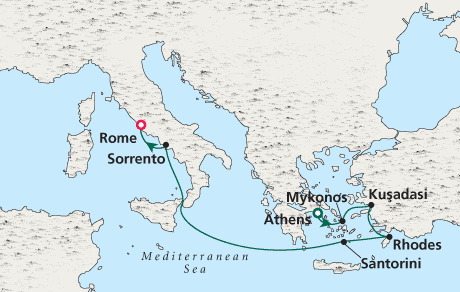 LUXURY CRUISES - Penthouse, Veranda, Balconies, Windows and Suites Cruise Map Athens to Rome - Voyage 0211