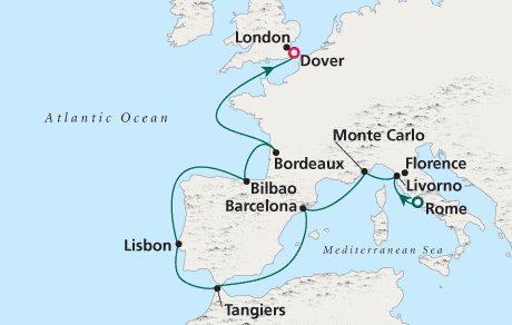 Cruises Around the World Map Rome to London - Voyage 0212