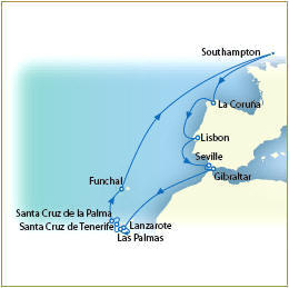 QV Cunard discounts   Map Queen Victoria Cunard December January 2022/2011