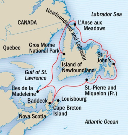Around the World Private Jet Explorer National Geographic NG Lindblad Expeditions Cruises NG Explorer Map Detail St. John's, Canada to St. John's, Canada September 15-22 2022 - 8 Days