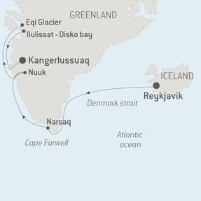 Ponant Yacht Cruises Le Boreal  Map Detail Reykjav�k, Iceland to Kangerlussuaq, Greenland July 31 August 10 2021 - 10 Days