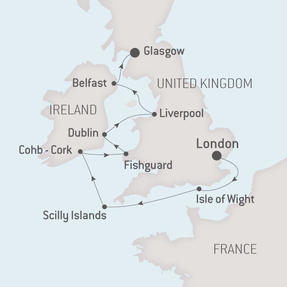 Ponant Yacht Cruises Le Boreal  Map Detail London, United Kingdom to Glasgow, United Kingdom May 9-17 2021 - 8 Days