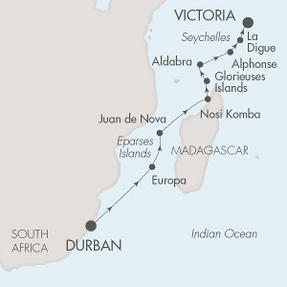 Ponant Yacht Cruises Le Lyrial  Map Detail Durban, South Africa to Victoria, Seychelles April 2-17 2017 - 15 Days
