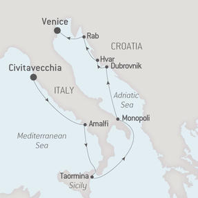 Ponant Yacht Cruises Le Lyrial  Map Detail Civitavecchia, Italy to Venice, Italy August 15-22 2017 - 7 Days