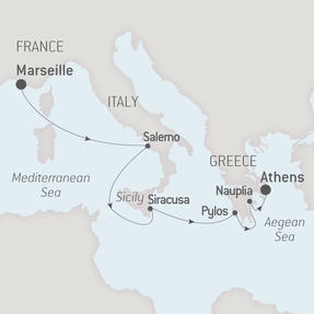 Ponant Yacht Cruises Le Lyrial  Map Detail Marseille, France to Piraeus, Greece May 3-9 2017 - 6 Days