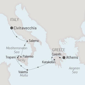 Ponant Yacht Cruises Le Lyrial  Map Detail Civitavecchia, Italy to Piraeus, Greece October 10-17 2017 - 7 Days