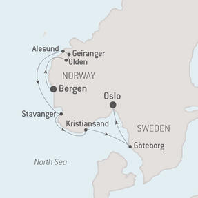 Ponant Yacht Cruises Le Soleal  Map Detail Bergen, Norway to Oslo, Norway June 7-14 2021 - 7 Days