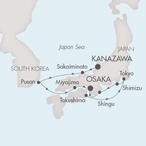 LUXURY CRUISES - Penthouse, Veranda, Balconies, Windows and Suites Ponant Yacht L'Austral Cruise Map Detail Kanazawa, Japan to Osaka, Japan October 5-14 2022 - 9 Days