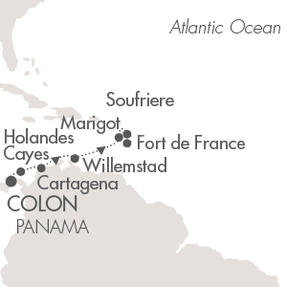 LUXURY CRUISES - Penthouse, Veranda, Balconies, Windows and Suites Ponant Yacht Le Boreal Cruise Map Detail Colon, Panama to Fort-de-France, Martinique April 7-14 2022 - 7 Days